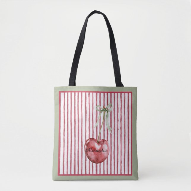 Green Cream Red Stripes Cherry Tote Bag (Front)