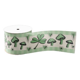 Green & Cream Shamrocks Hearts and Mushrooms 3" Grosgrain Ribbon