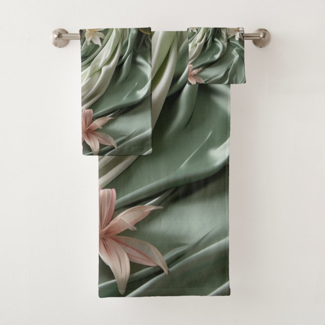 Green, Cream, Silk Drapes & Pinkish Flowers Bath Towel Set (Insitu)