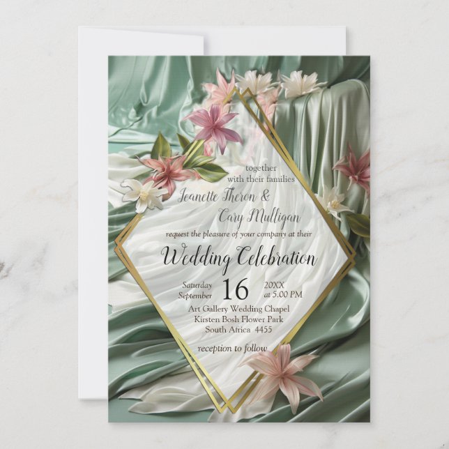 Green, Cream, Silk Drapes & Pinkish Flowers Invitation (Front)