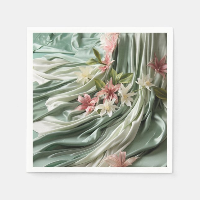 Green, Cream, Silk Drapes & Pinkish Flowers Napkin (Front)