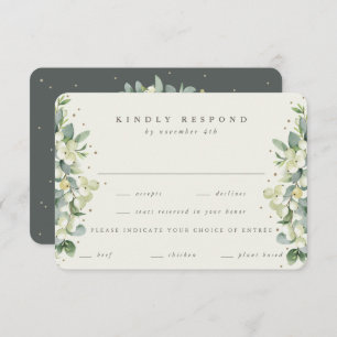 Green/Cream Snowberry+Eucalyptus Edged Wedding RSVP Card