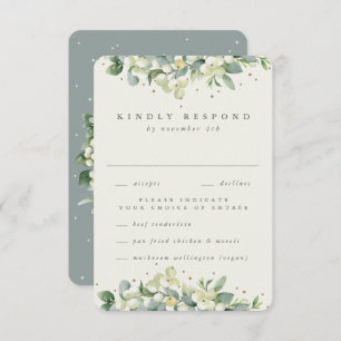 Green/Cream Snowberry+Eucalyptus Edged Wedding RSVP Card