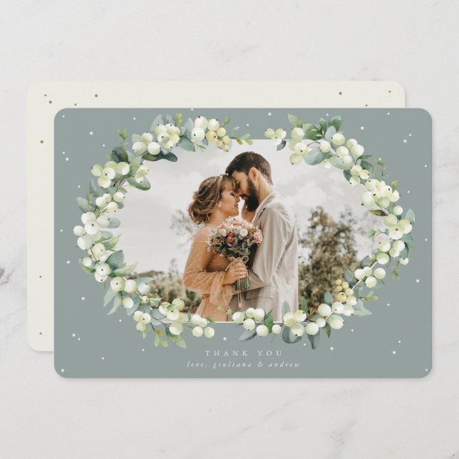 Green/Cream Snowberry+Eucalyptus Wedding Photo Thank You Card (Front/Back)