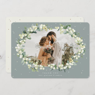 Green/Cream Snowberry+Eucalyptus Wedding Photo Thank You Card
