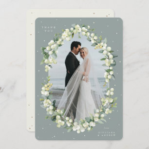 Green/Cream Snowberry+Eucalyptus Wedding Photo Thank You Card