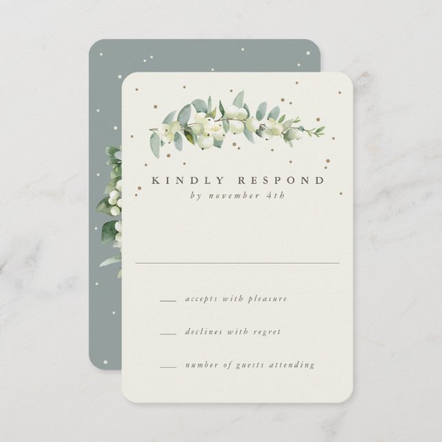 Green/Cream Snowberry+Eucalyptus Wedding RSVP Card (Front/Back)