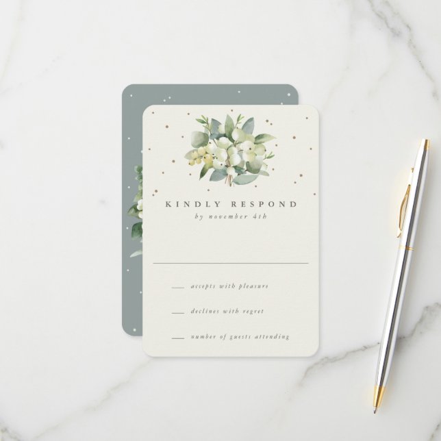 Green/Cream Snowberry+Eucalyptus Wedding RSVP Card (Front/Back In Situ)