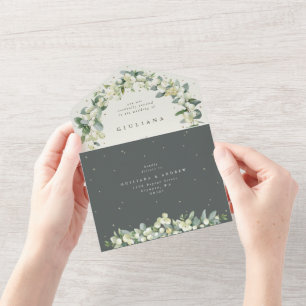 Green/Cream Snowberry+Eucalyptus Winter Wedding All In One Invitation