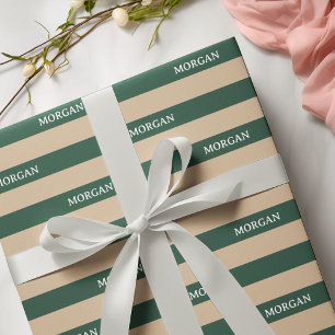 Green & Cream Stripes Custom Name Christmas Wrapping Paper