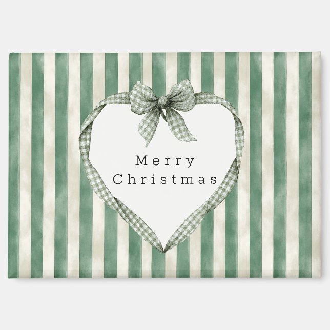 Green Cream Stripes Heart Bow Christmas Magnet (Front)