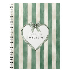 Green Cream Stripes Heart Bow Notebook