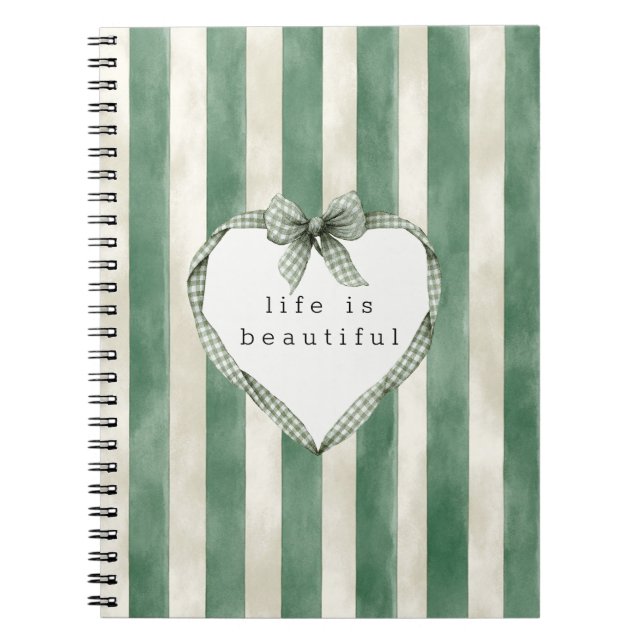 Green Cream Stripes Heart Bow Notebook (Front)