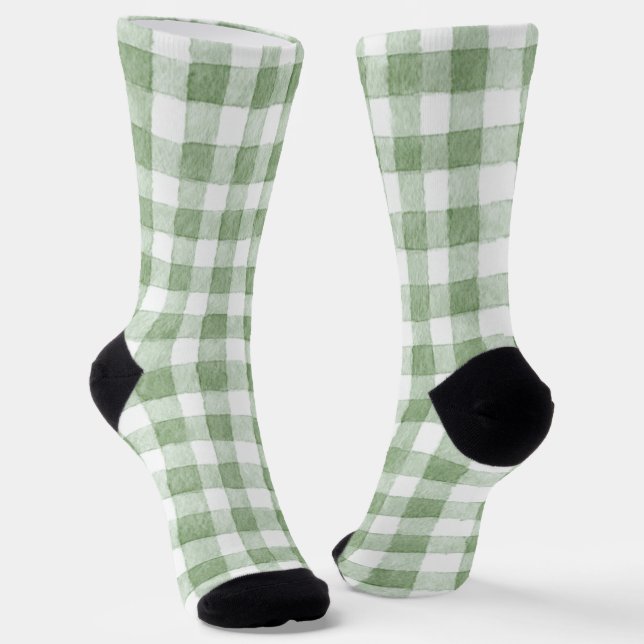 Green Cream White Plaid Stripes Socks (Angled)
