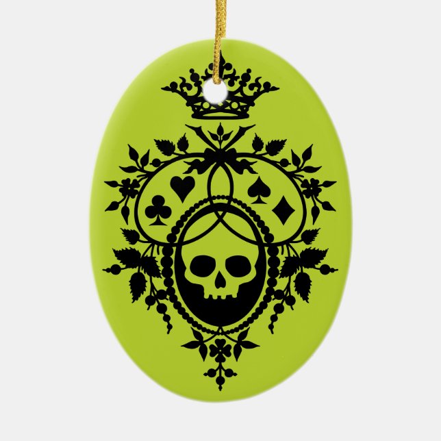 Green Crest with Skull and Cardsuits Ceramic Ornam Tree Decoration (Front)