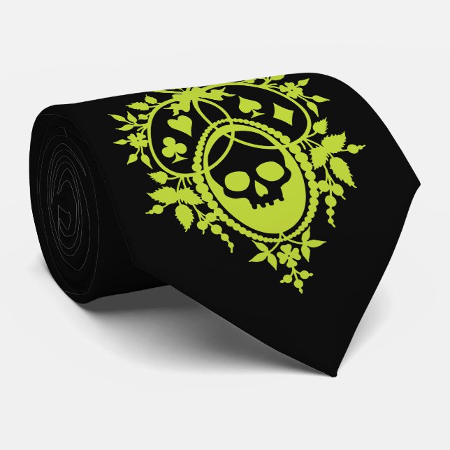 Green Crest with Skull and Cardsuits Neck Tie (Rolled)