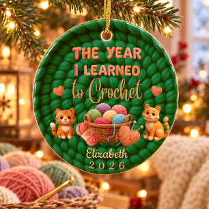 Green Crochet Yarn Christmas Custom Name Year Ceramic Tree Decoration