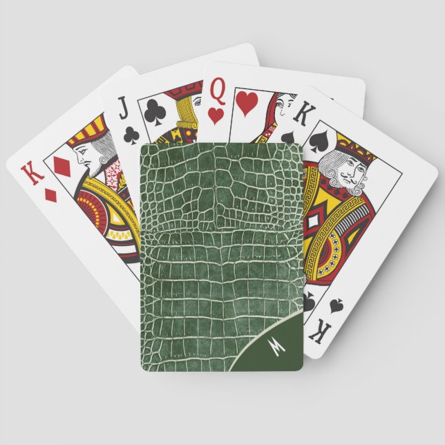 Green Crocodile Pattern Monogram Playing Cards (Back)