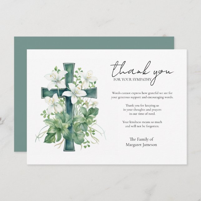 Green Cross Lilies Sympathy Condolence Appreciatio Thank You Card (Front/Back)