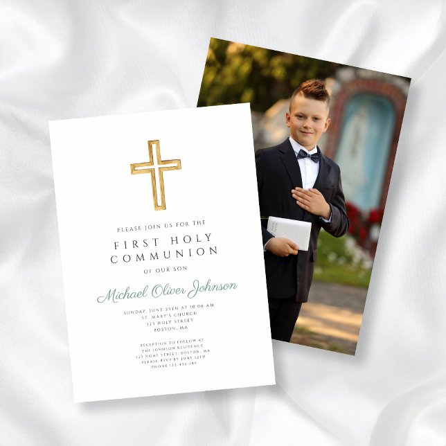Green Cross Photo Boy First Communion Invitation (Green Cross Photo Boy First Communion Invitation)