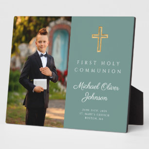 Green Cross Photo Boy First Communion Plaque