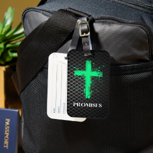 Green Cross with Promises Word – Christian Faith Luggage Tag
