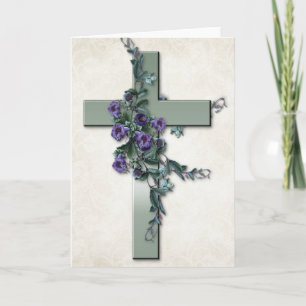 Green Cross with Purple Flowers Greeting Card