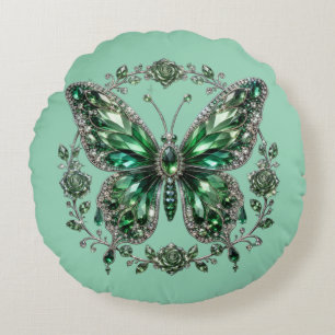 Green Crystal Butterfly Floral Frame Round Cushion