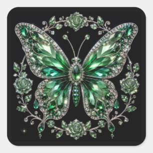 Green Crystal Butterfly   Floral Frame Square Sticker