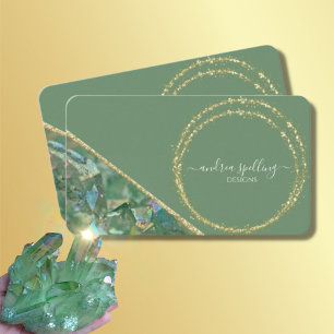 Green Crystal Quartz Gold Glitter Business Cards
