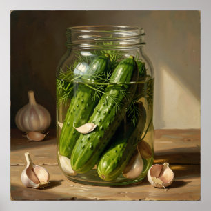 Green Cucumbers, Dill Sprigs and Garlic Cloves Art Poster