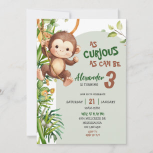 Green Curious Monkey Savannah Theme Birthday Invitation