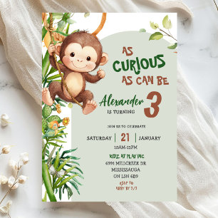 Green Curious Monkey Savannah Theme Birthday Invitation