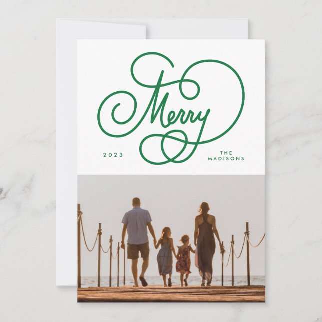 Green Cursive Script Merry Flourish Photo Holiday (Front)