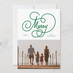 Green Cursive Script Merry Flourish Photo Holiday