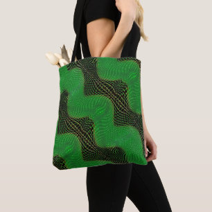 Green curve with lines and circles upon dark tote bag