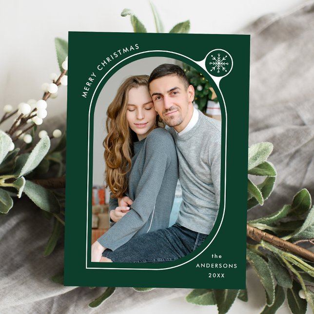 Green Curved Frame Snowflake Photo Holiday Card (Creator Uploaded)