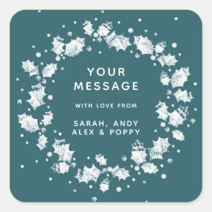 Green Custom Christmas Stylised Holly Wreath Square Sticker