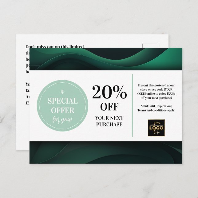 Green Custom Coupon Discount Postcard  (Front/Back)