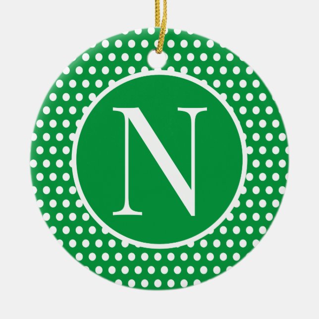 Green Custom initial letter Polka Dot  Ceramic Tree Decoration (Front)