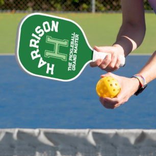 Green custom monogram name initial and team pickleball paddle