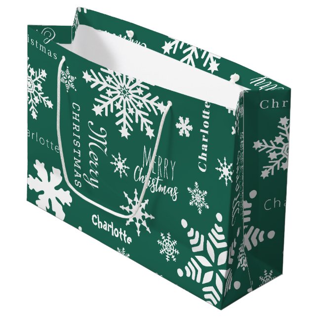 Green Custom Name Christmas Holiday Snow Large Gift Bag (Front Angled)