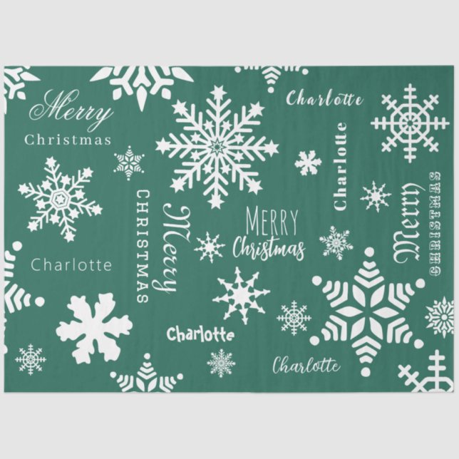 Green Custom Name Christmas Holiday Snow Tissue Paper (Front)