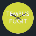 Green Custom Text Latin Phrases Tempus Fugit Large Clock<br><div class="desc">Green and white minimalist round wall clock with latin motto "Tempus fugit". Personalise no numbers wall clocks with your colours, favourite latin quotes and fonts. Personalised latin phrases wall clock design, by red_dress, featuring the white text "Tempus Fugit" on a green background. Easily customise Tempus Fugit wall clocks with your...</div>