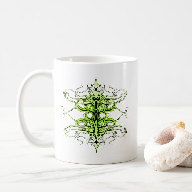 Green Custom Tribal Tattoo Design Coffee Mug (With Donut)