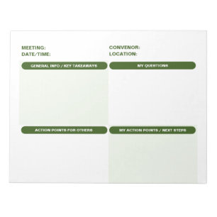 Green Customisable Four Part MEETING NOTES Notepad