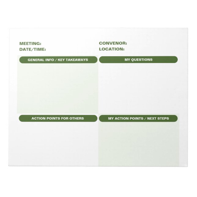Green Customisable Four Part MEETING NOTES Notepad (Front)