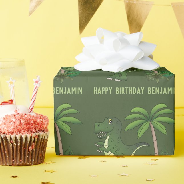 Green Cute Cartoon T-rex Dinosaur Happy Birthday Wrapping Paper (Birthday Party)