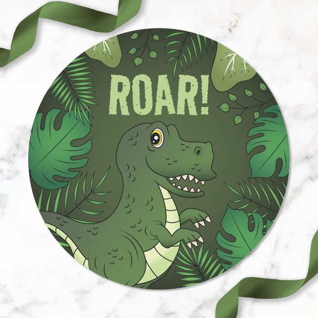 Green Cute Cartoon T-rex Dinosaur With Roar Text Classic Round Sticker (Creator Uploaded)