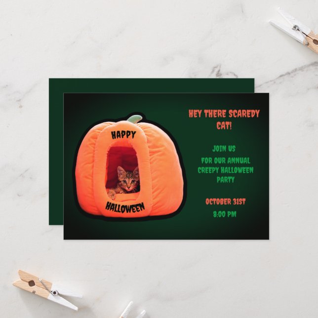 Green Cute Cat Orange Pumpkin  Kitten Halloween  Invitation (Front/Back In Situ)